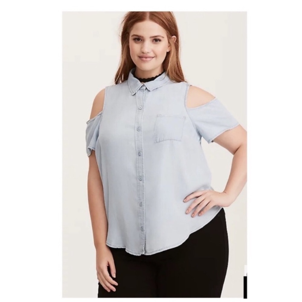 Torrid Cold Shoulder Button Down Shirt. Light Blue Denim Wash. 100% Lyocell